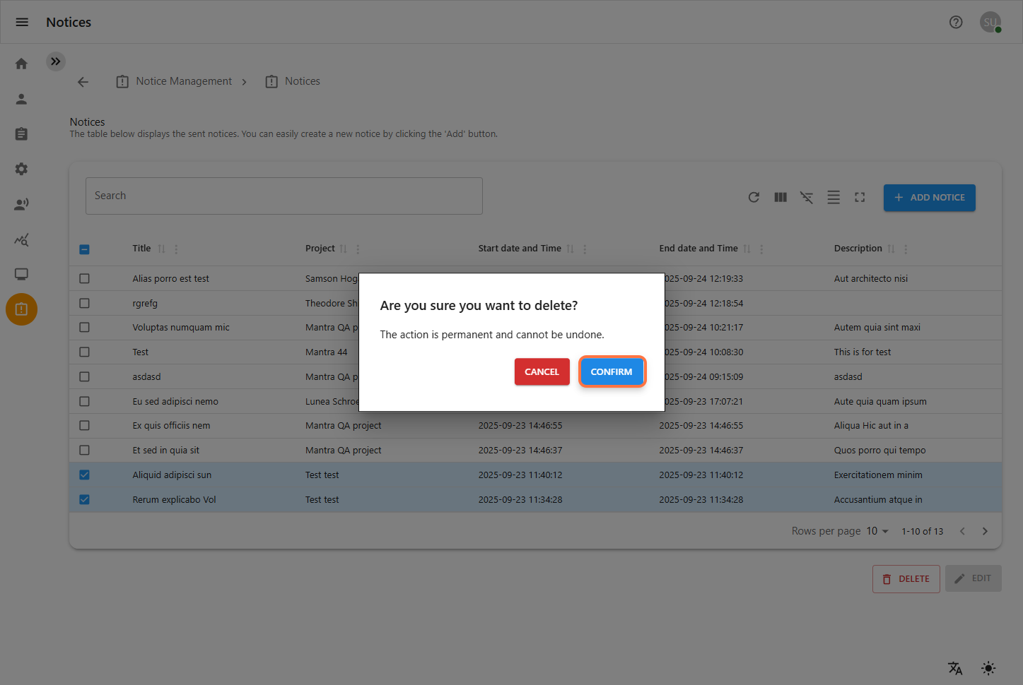 Select Notice to Edit